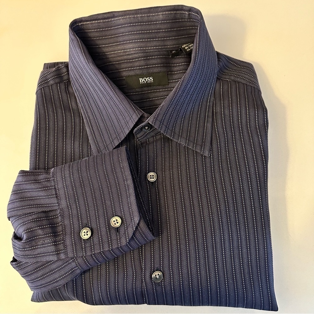 HUGO BOSS MEN'S DARK BLUE/GREY HERRINGBONE STRIPED BUTTON DOWN SHIRT sz 41 / 16